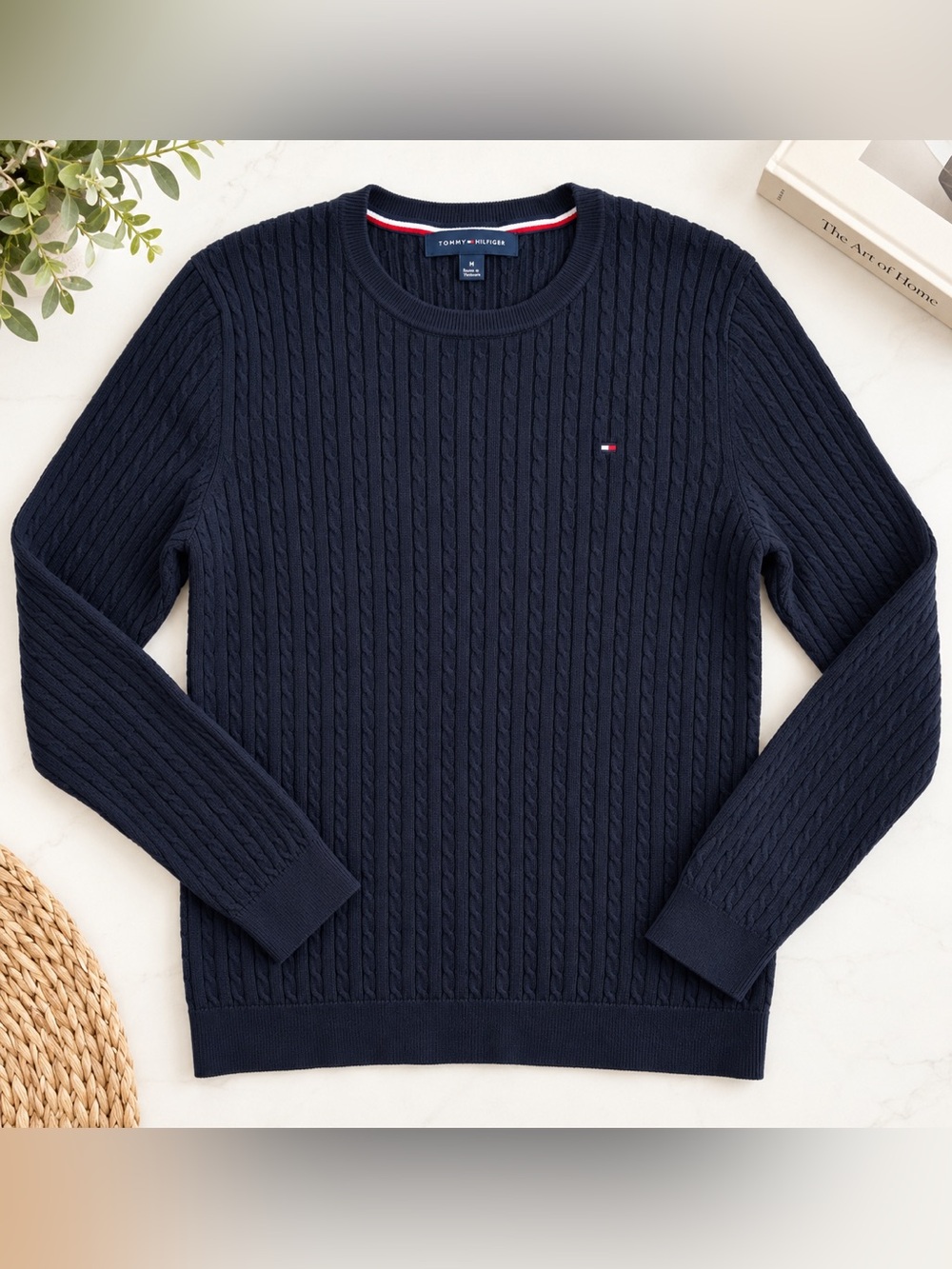Tommy Hilfiger Navy Cable Knit Crewneck Sweater Size M Classic Preppy